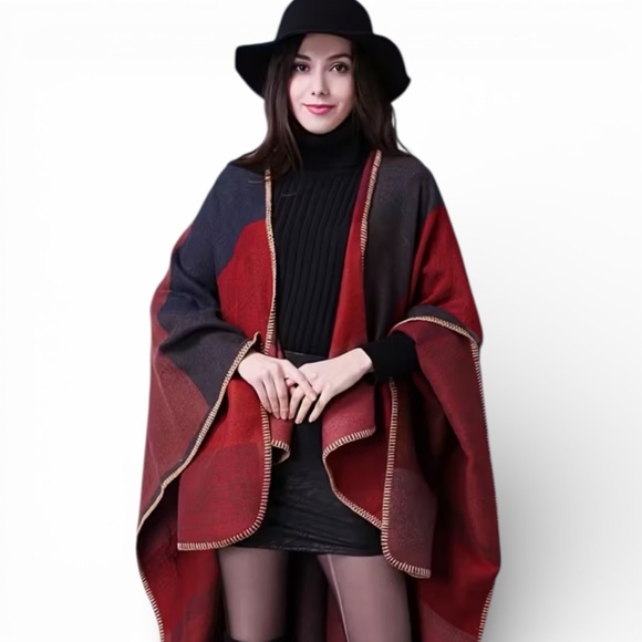 Sweaters - Red and Black Cozy Knit Shawl OSFM NWT